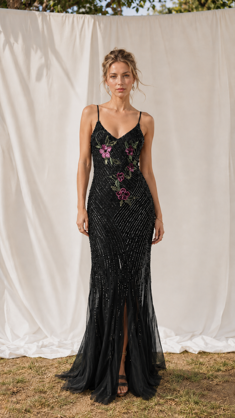 Front view of black embroidered sequin mermaid maxi dress