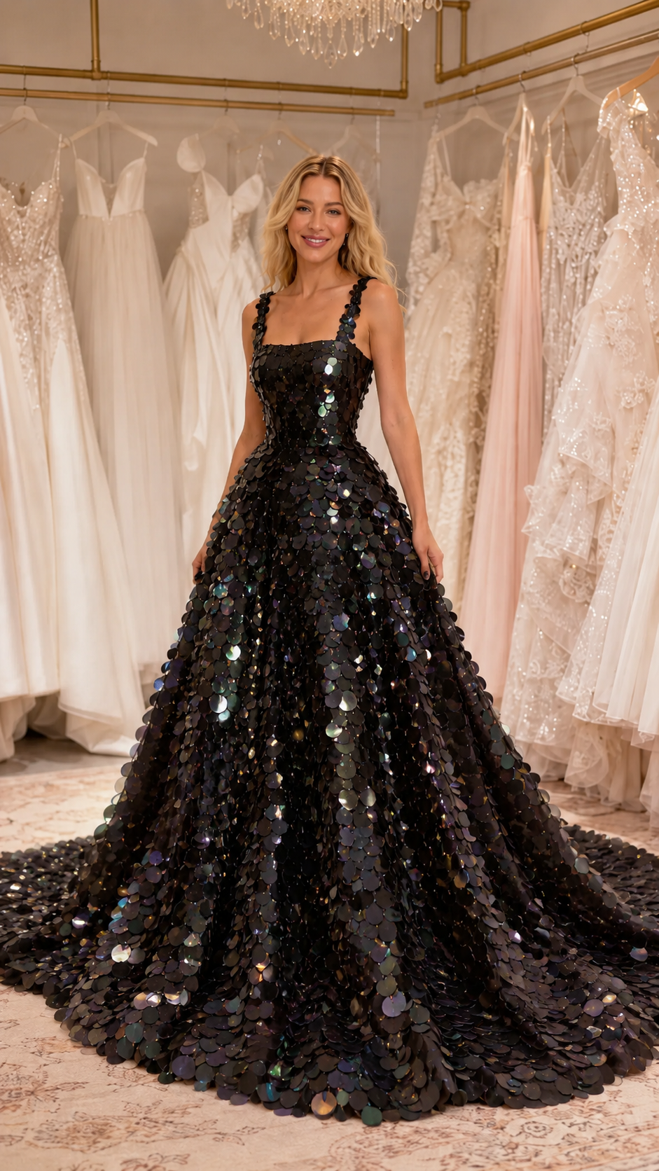 Front view of black sequin ball gown maxi dress with wide straps and dramatic skirt