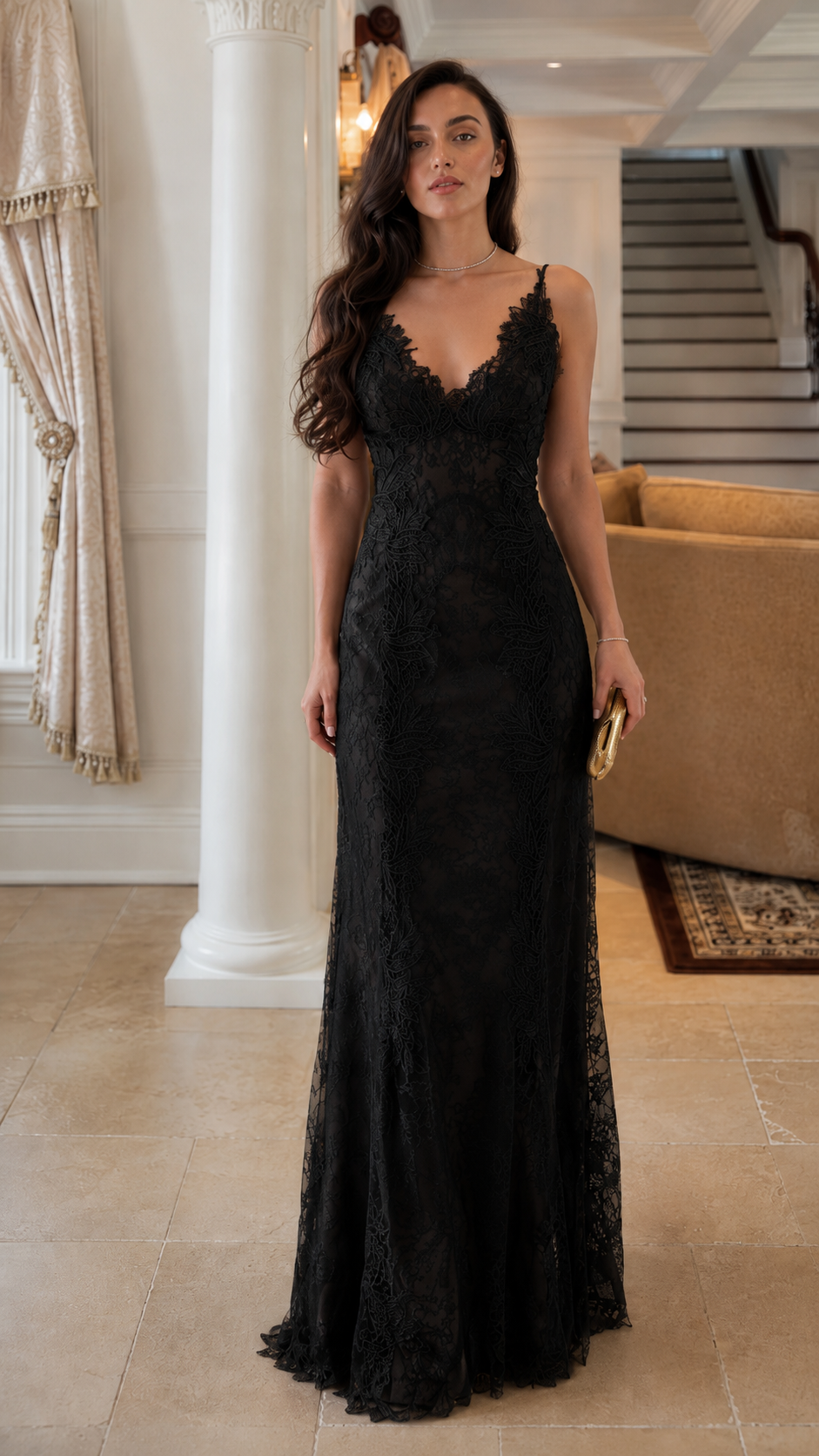 Front view of black lace mermaid maxi formal dress