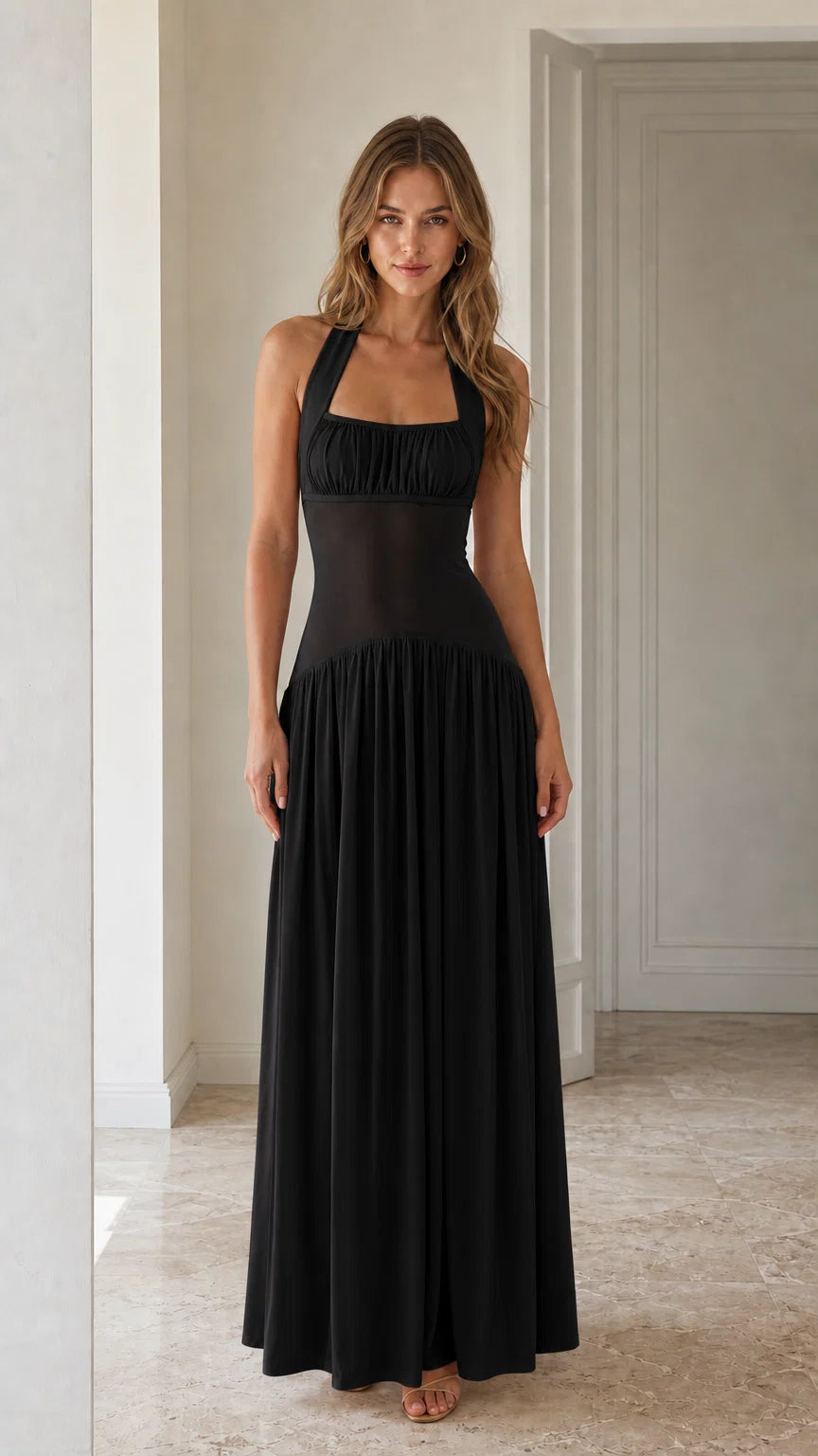 Front view of Black halter neck maxi dress