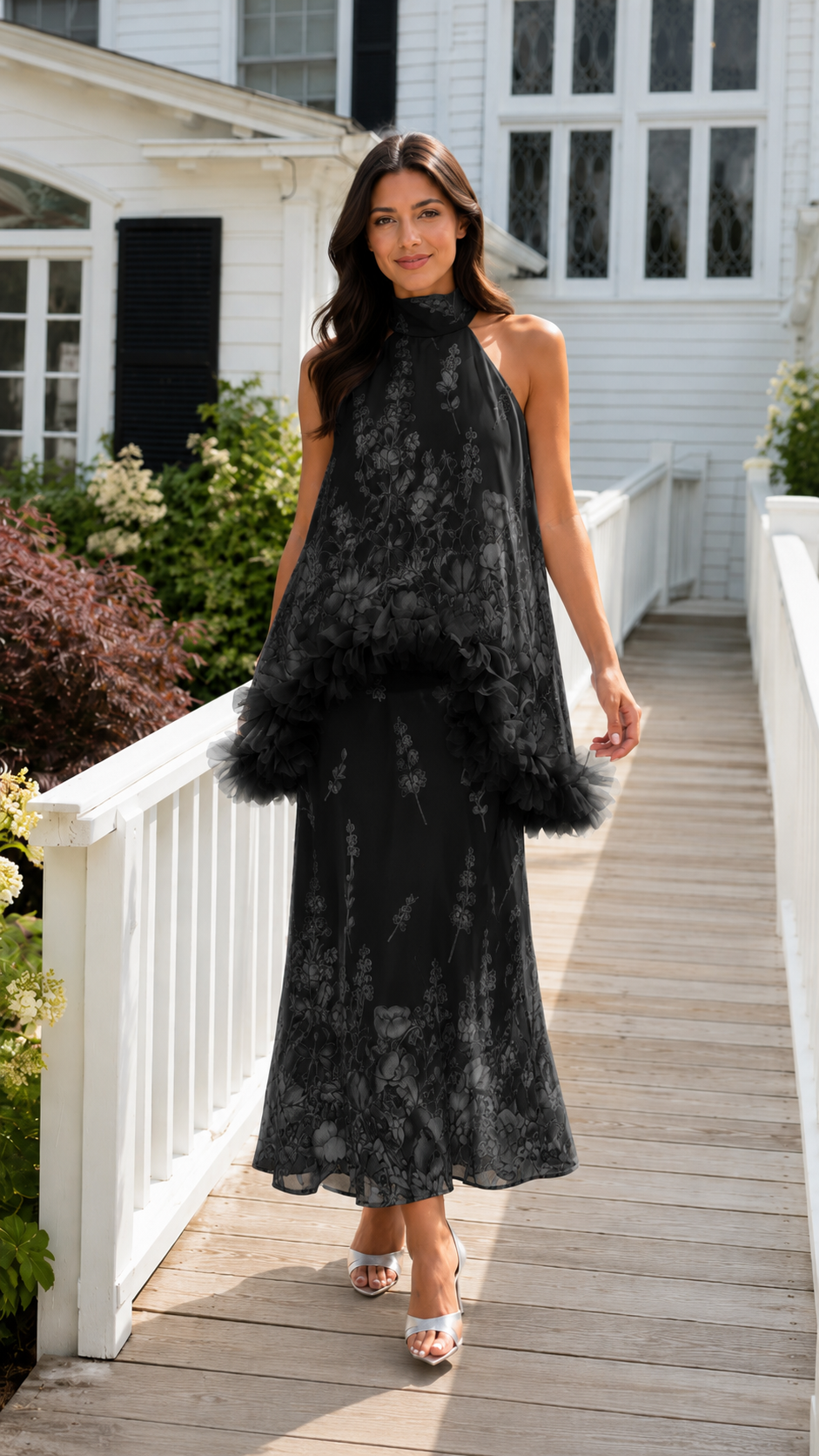 Black floral halter maxi dress with textured ruffle trim