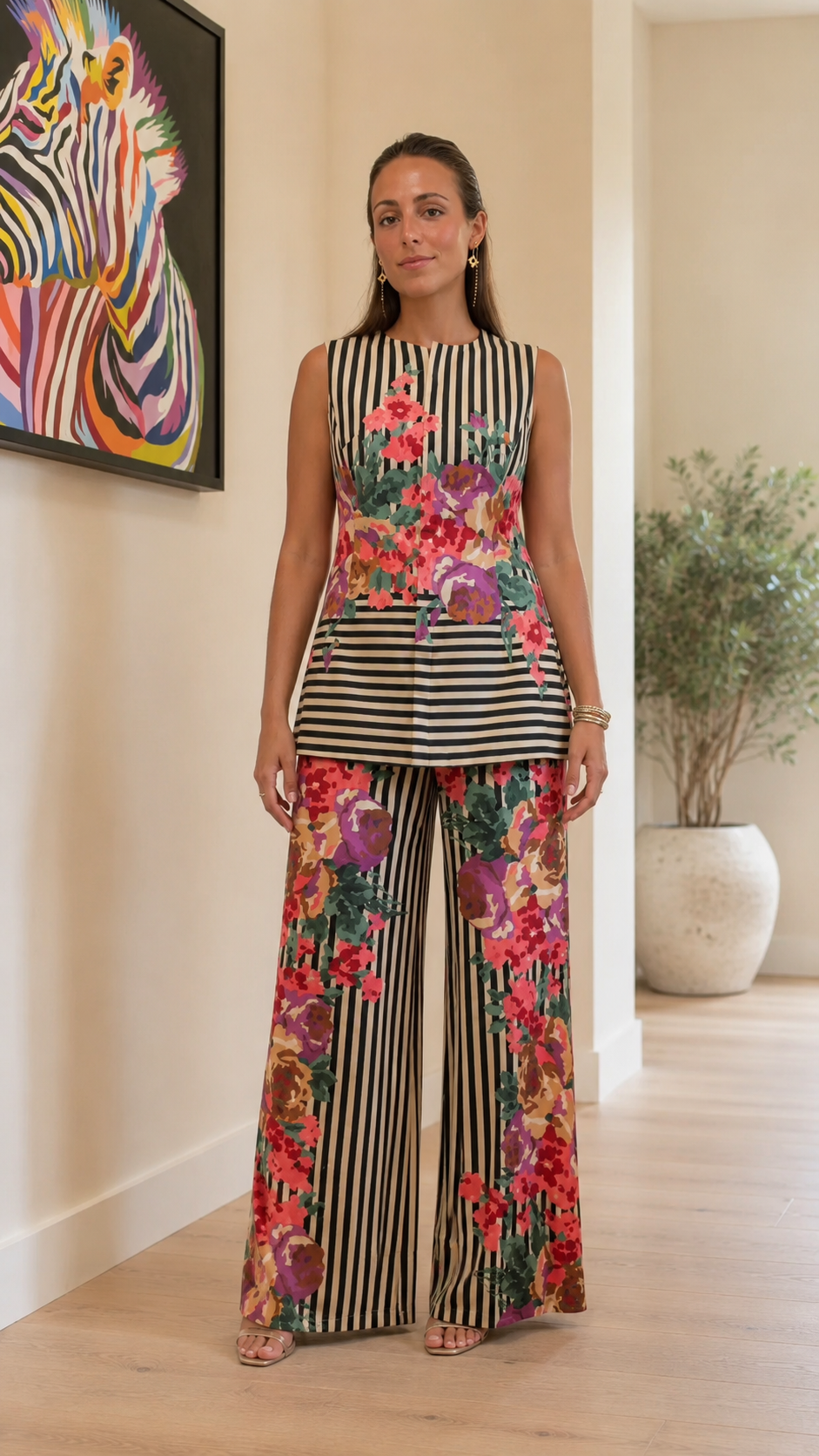 Indoor front view of black striped floral two-piece wide-leg pant set