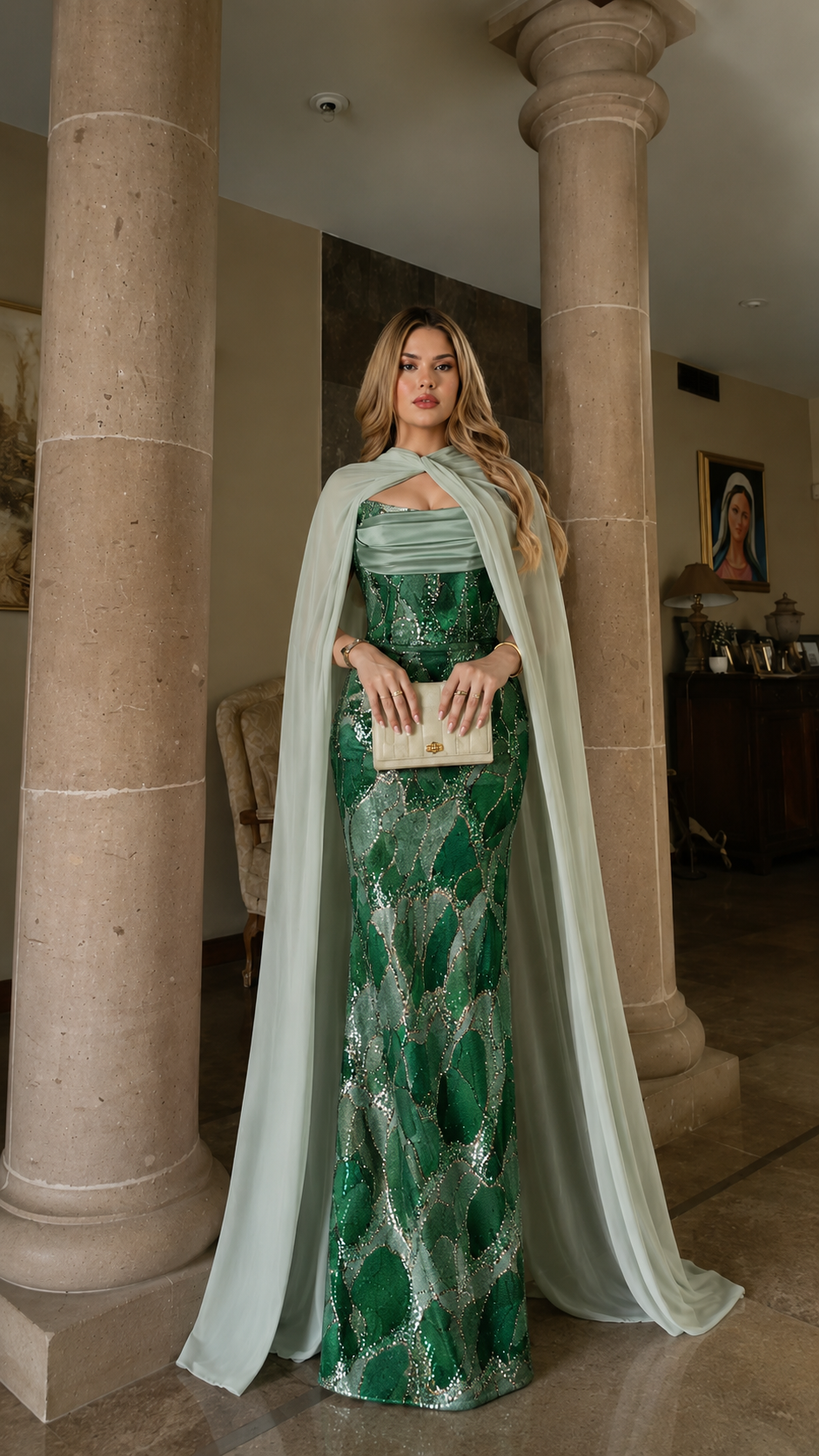 Emerald green sequined mermaid evening gown with sheer cape