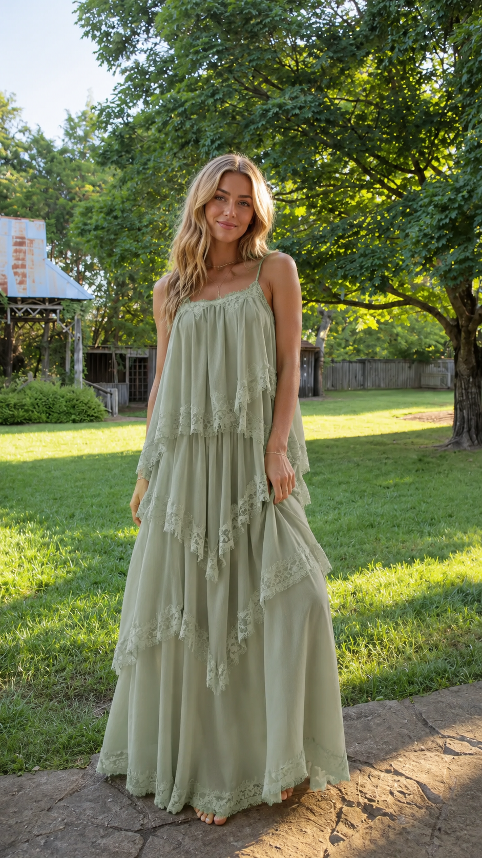 Sage green tiered lace trim maxi dress with relaxed flowing silhouette