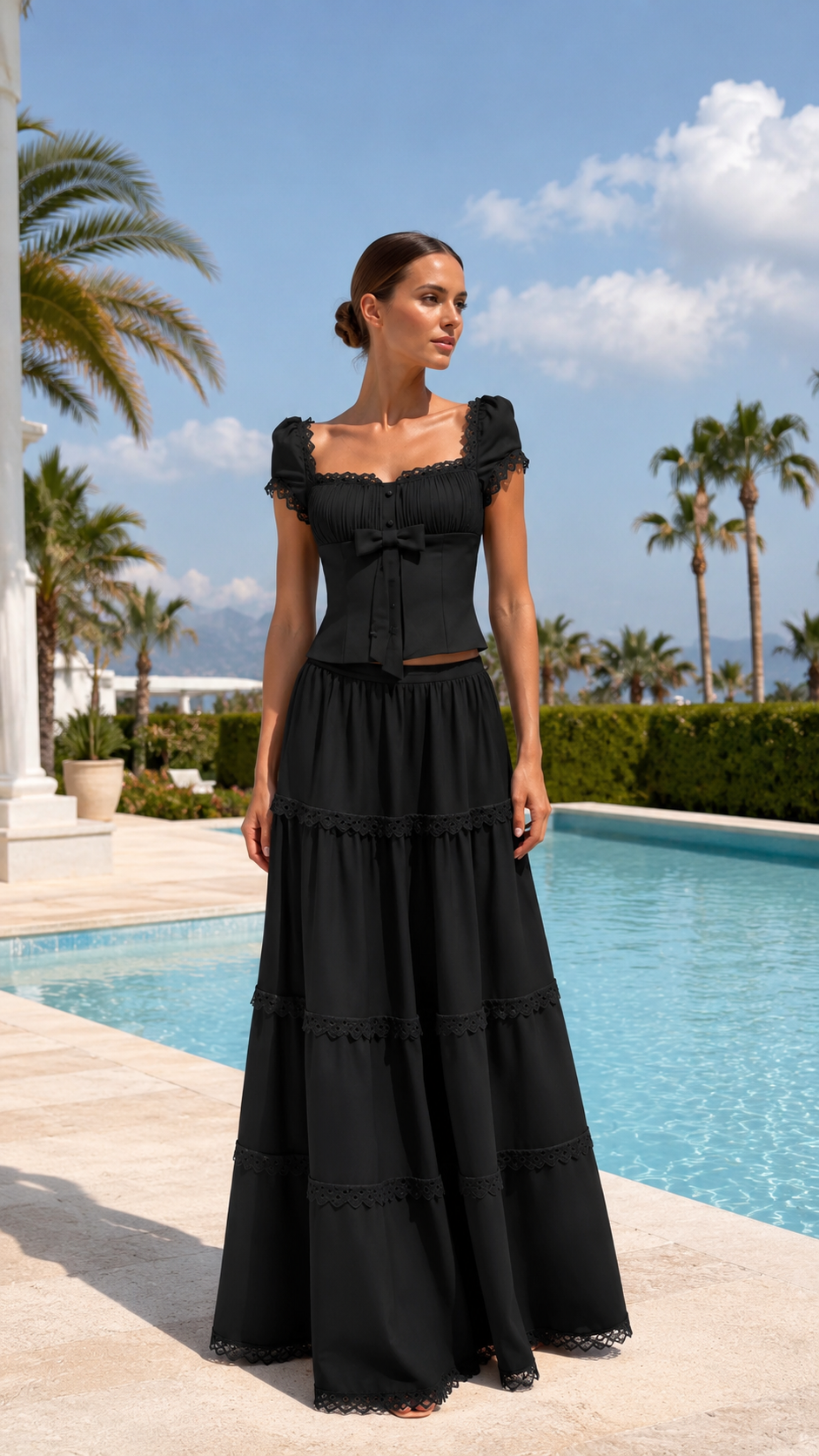 Front view of black romantic tiered maxi dress with puff sleeves and bow front