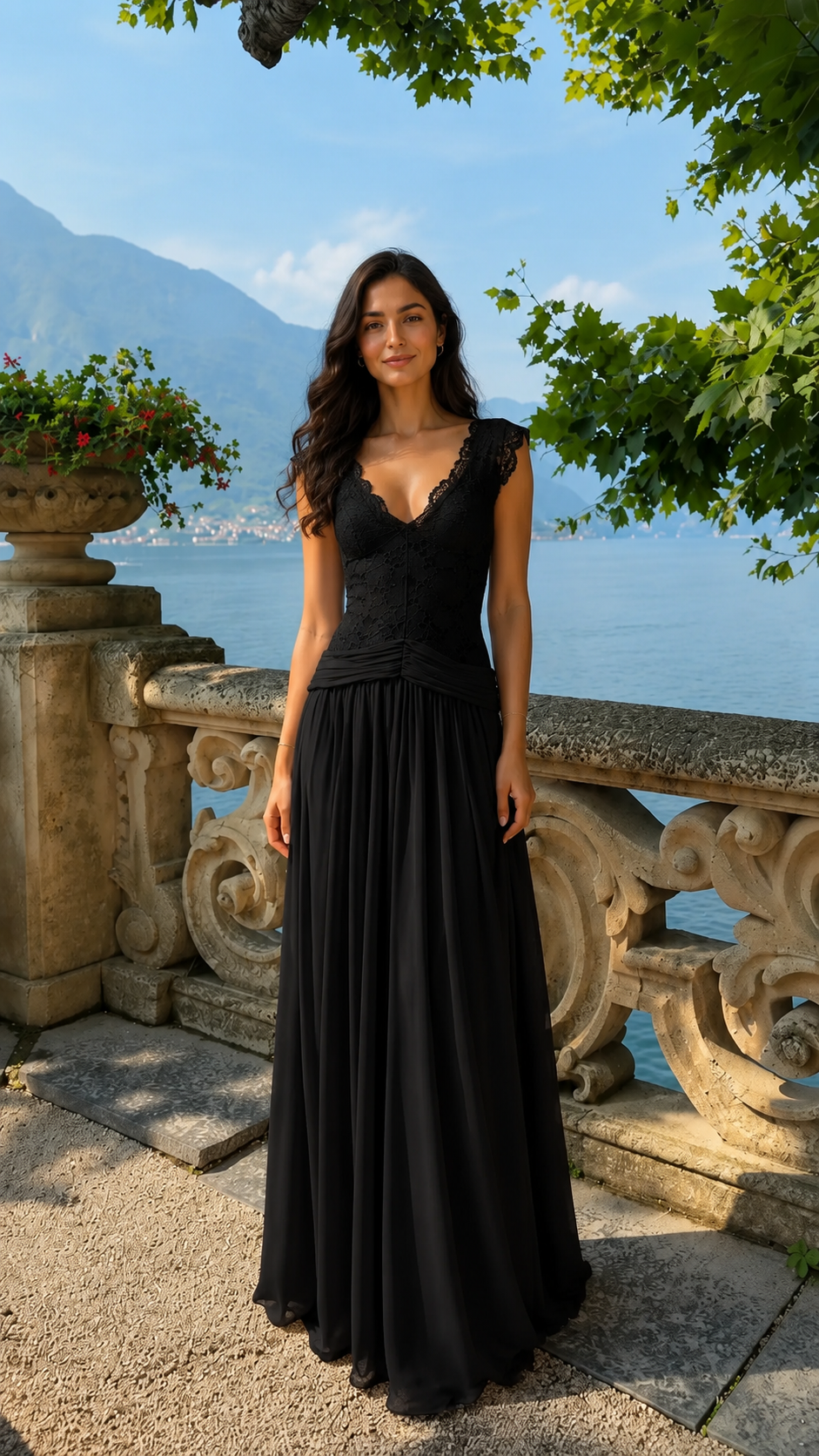 Front view of black lace bodice pleated maxi dress