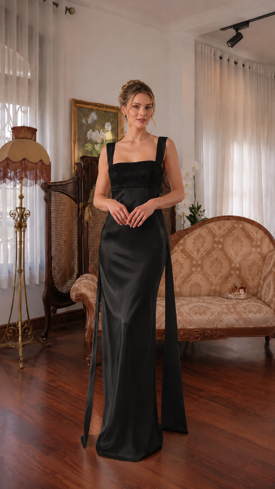 Black satin-look maxi evening dress with embellished bodice and long ribbon straps