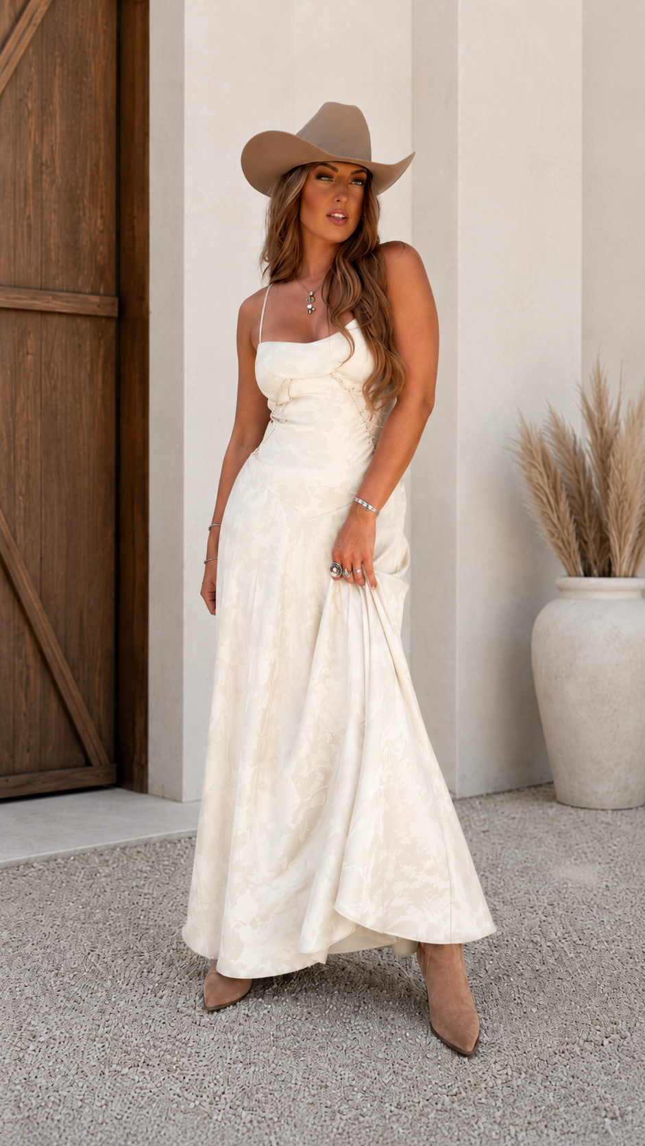 Ivory satin-look strappy maxi dress with square neckline