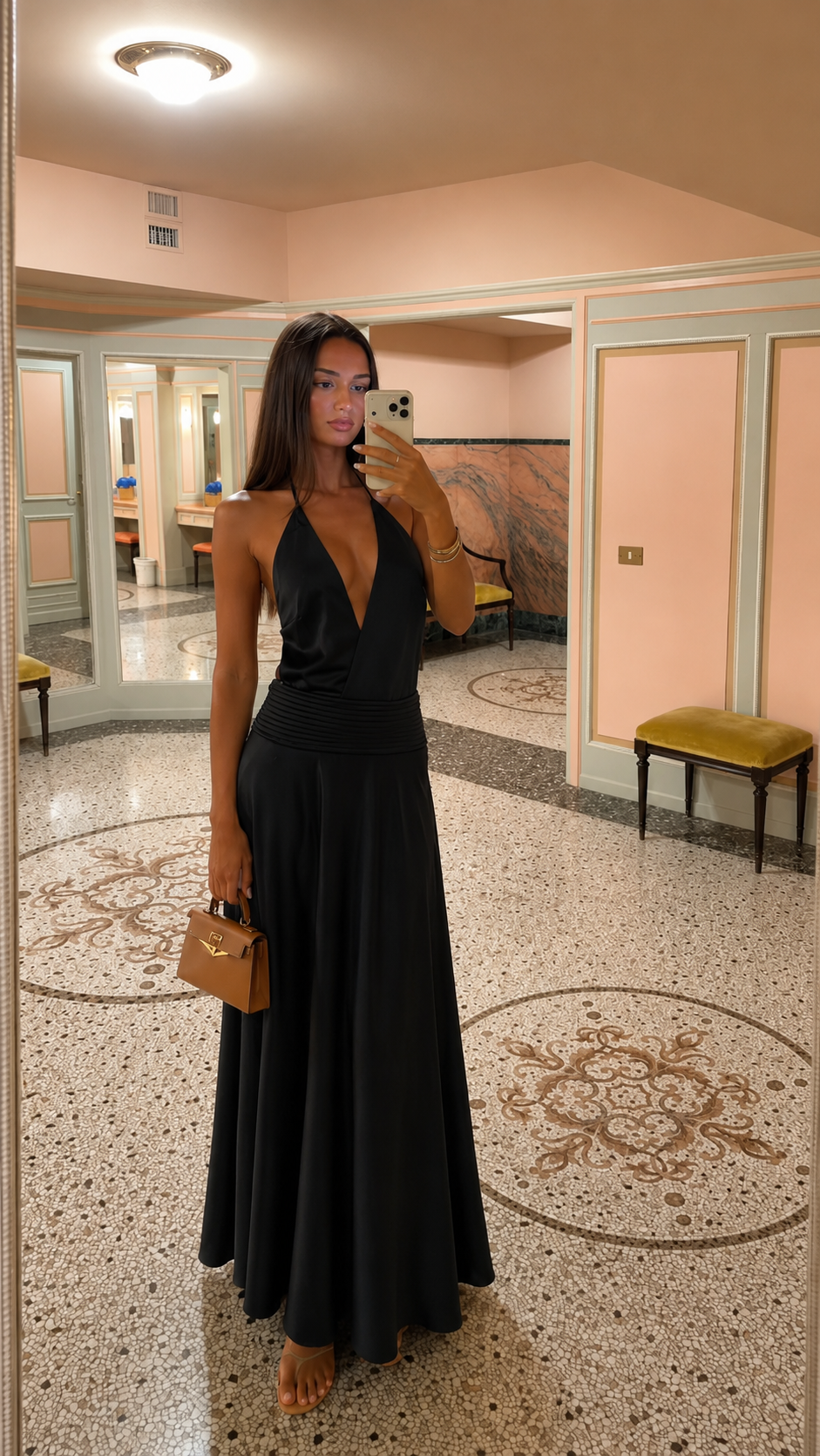 Black satin-look halter backless maxi dress with deep plunge neckline