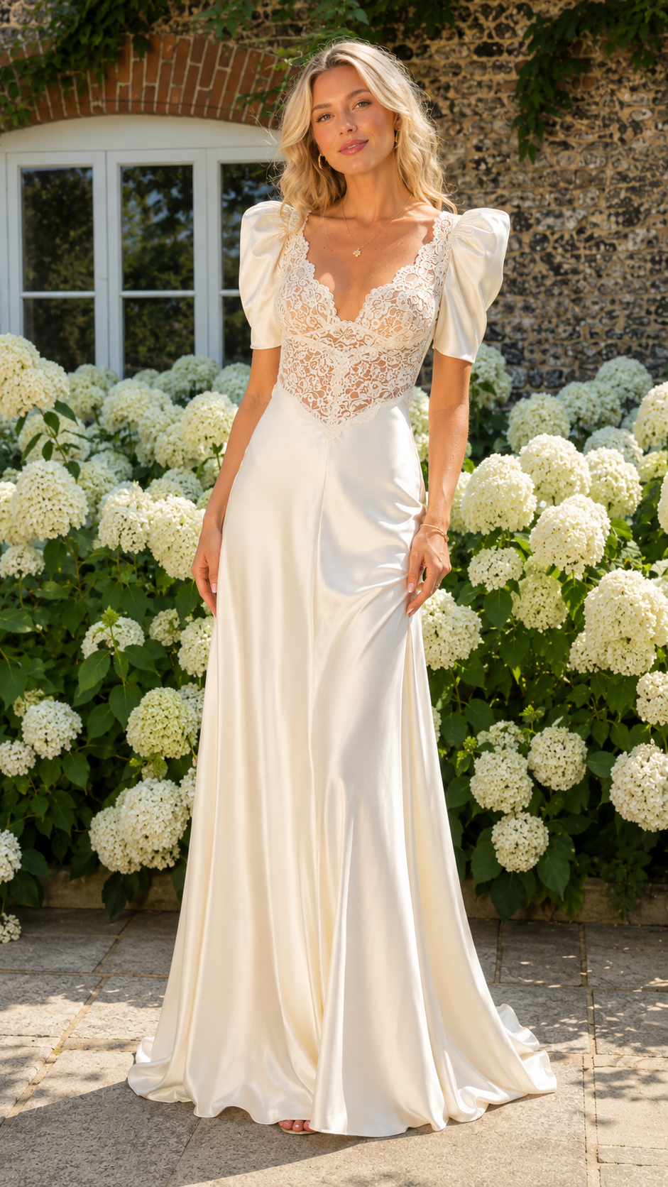 Front view of ivory lace bodice satin-look maxi dress with puff sleeves