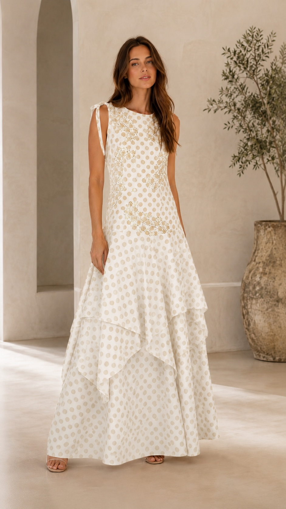 Front view of ivory embroidered polka dot tiered maxi dress