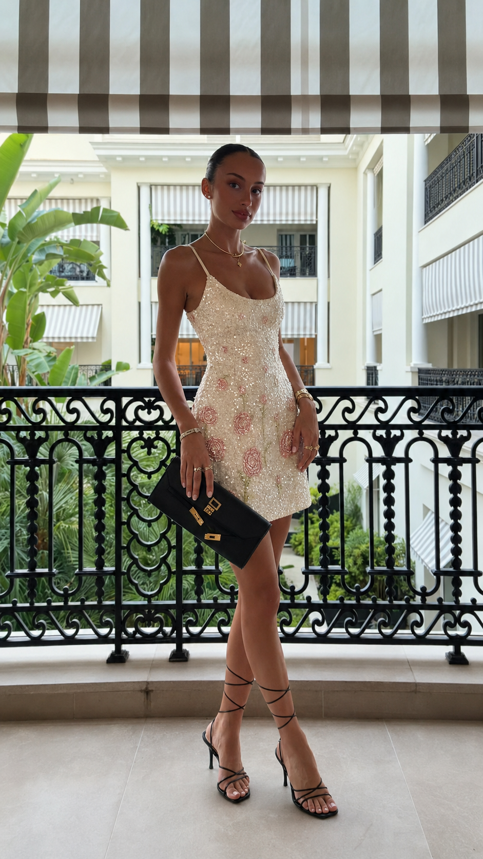 Champagne sequin floral spaghetti strap mini dress front view