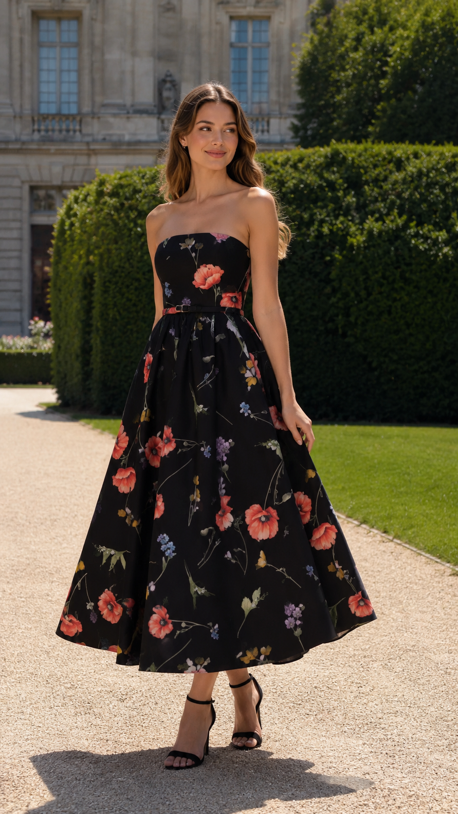 Front view of black strapless floral midi dress with full skirt