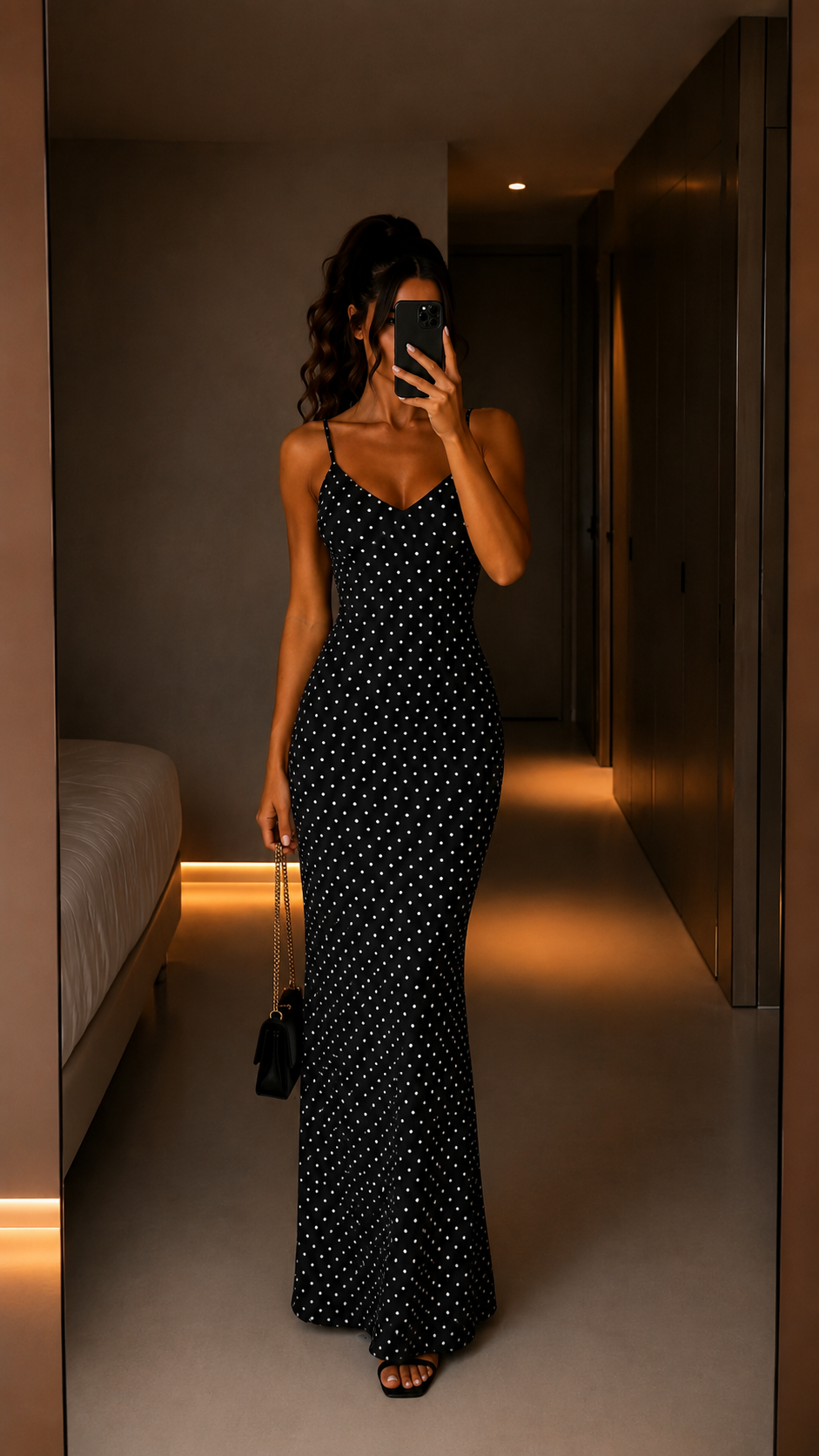 Black polka dot body-skimming maxi dress front view