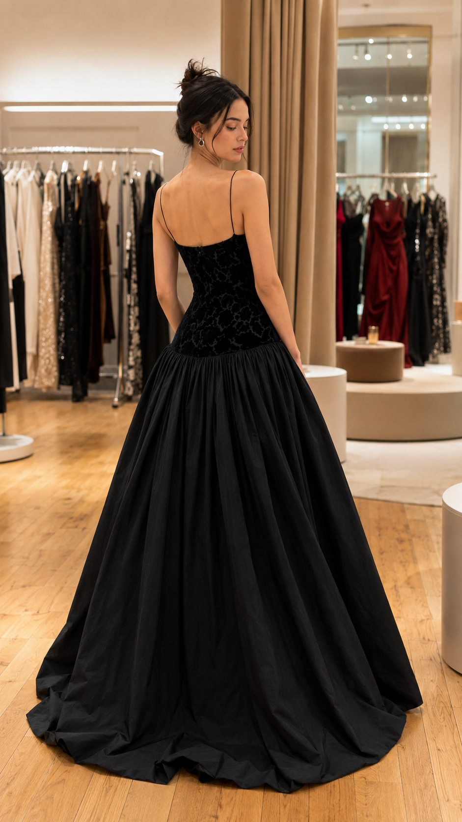 Black formal gown back view with slim straps, low back, and full skirt