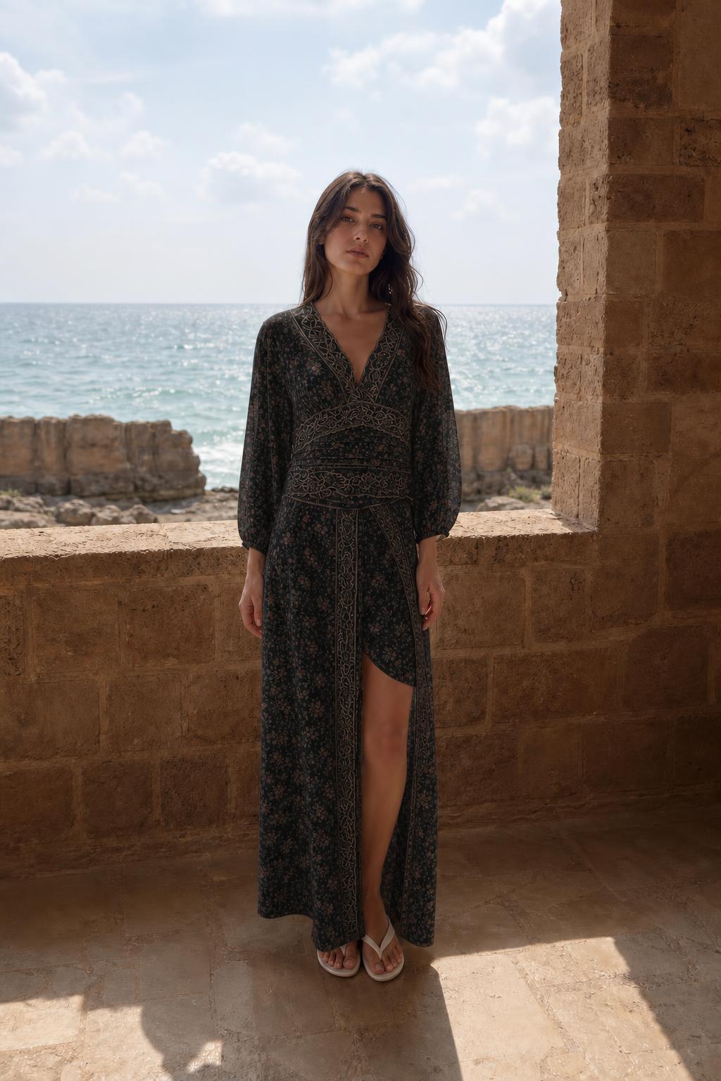 Front view of black floral maxi dress variant