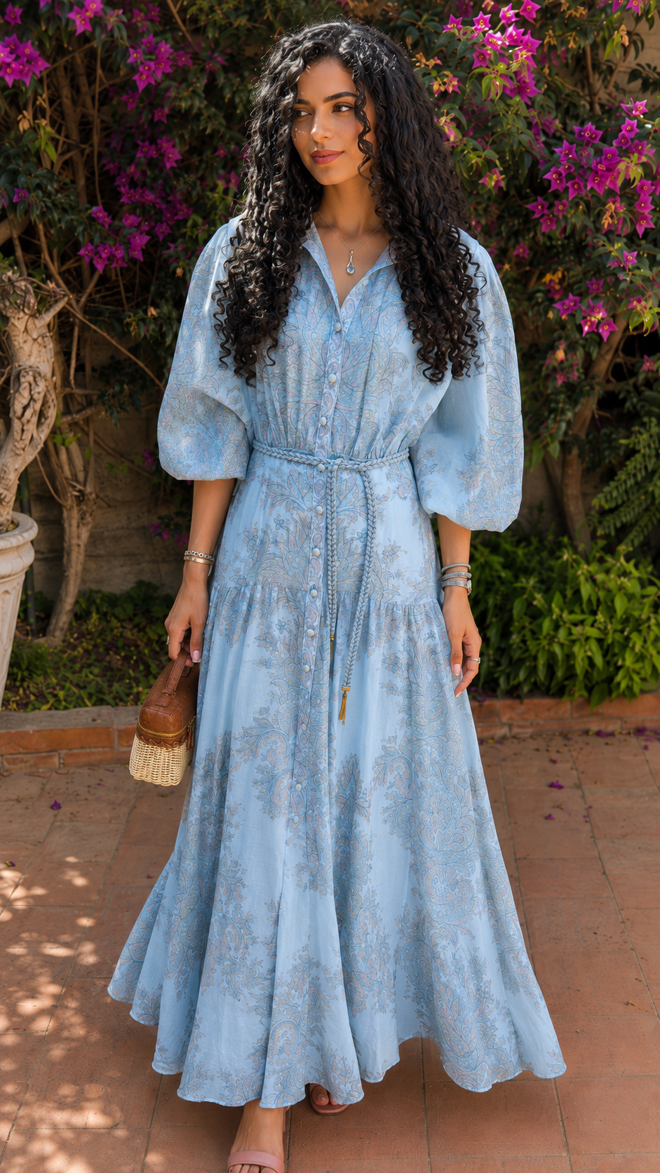 Front view of powder blue floral maxi shirt dress with tie waist and sweeping hem