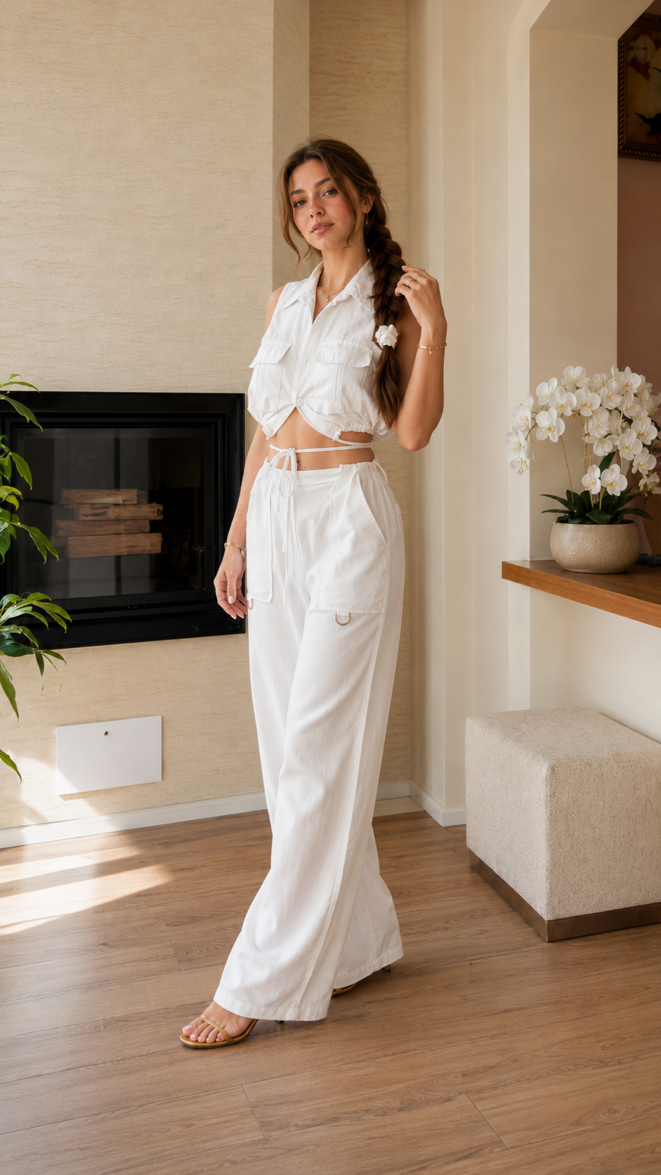 Model wearing white sleeveless collared matching set in an angled front pose