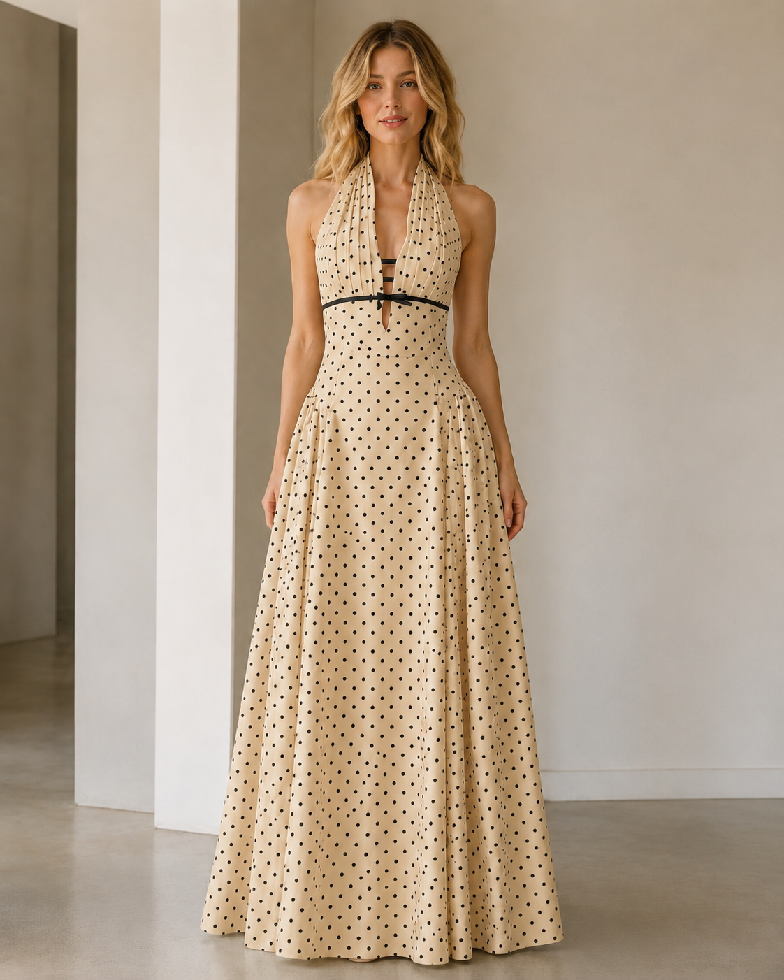 Front view of beige polka dot halter maxi dress