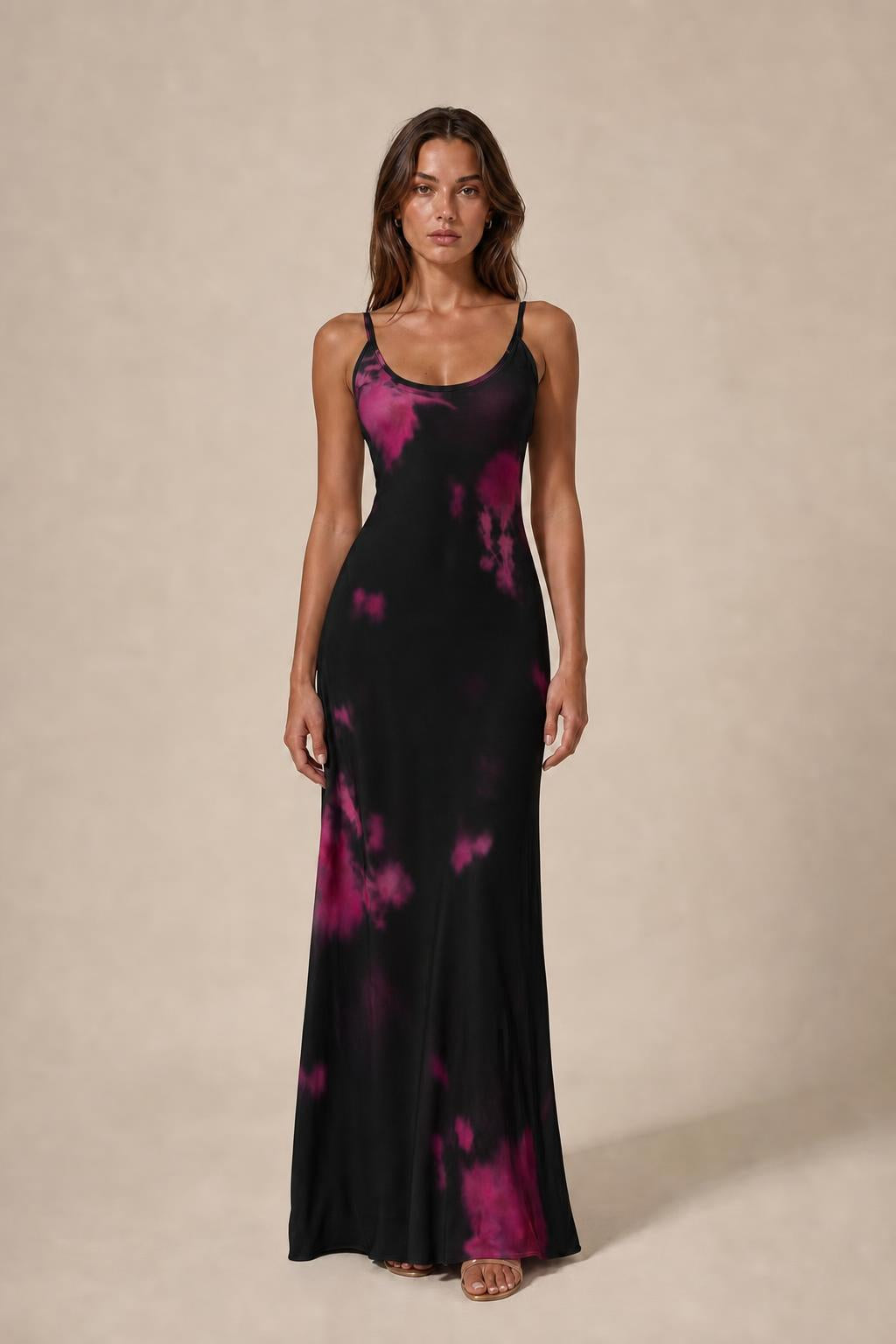 Model wearing black tie-dye cami slip maxi dress