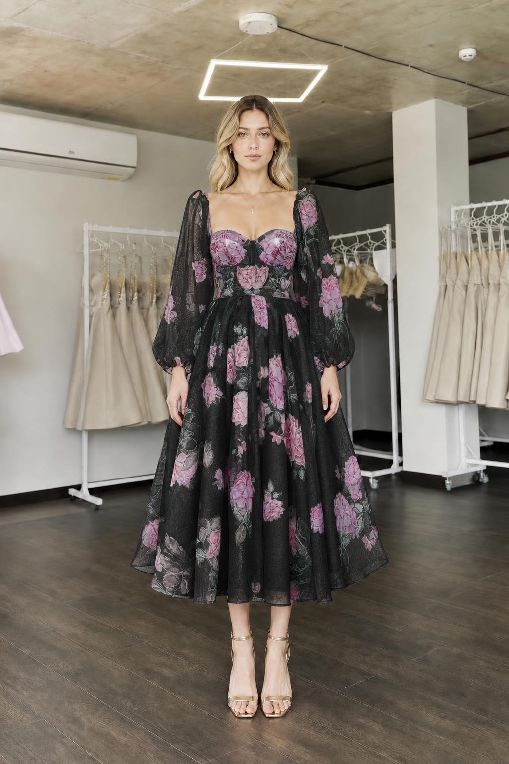Front view of black floral midi dress