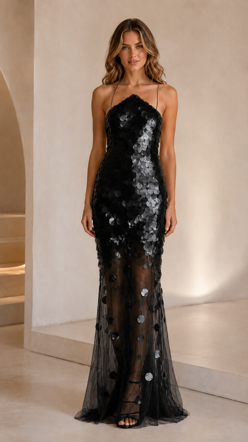 Front view of black sequin mermaid maxi dress with sheer mesh fishtail hem
