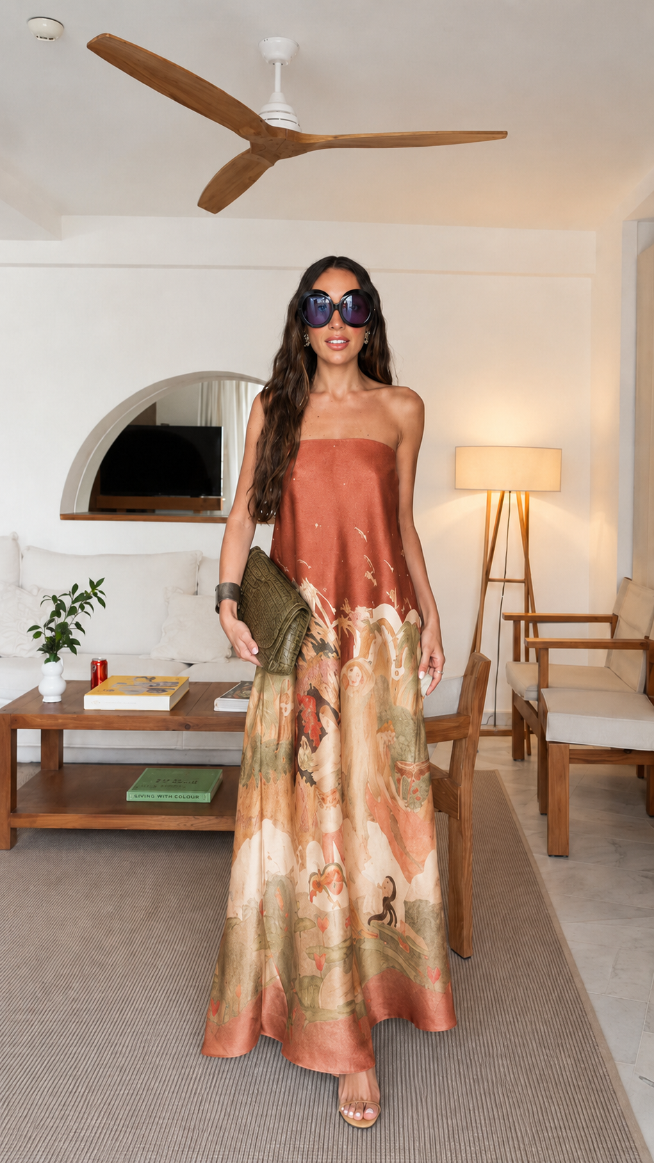 Front view of terracotta strapless scenic print maxi dress