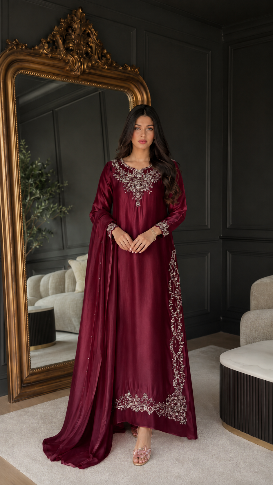 Front view of burgundy embroidered maxi kaftan dress with embellished neckline and hem