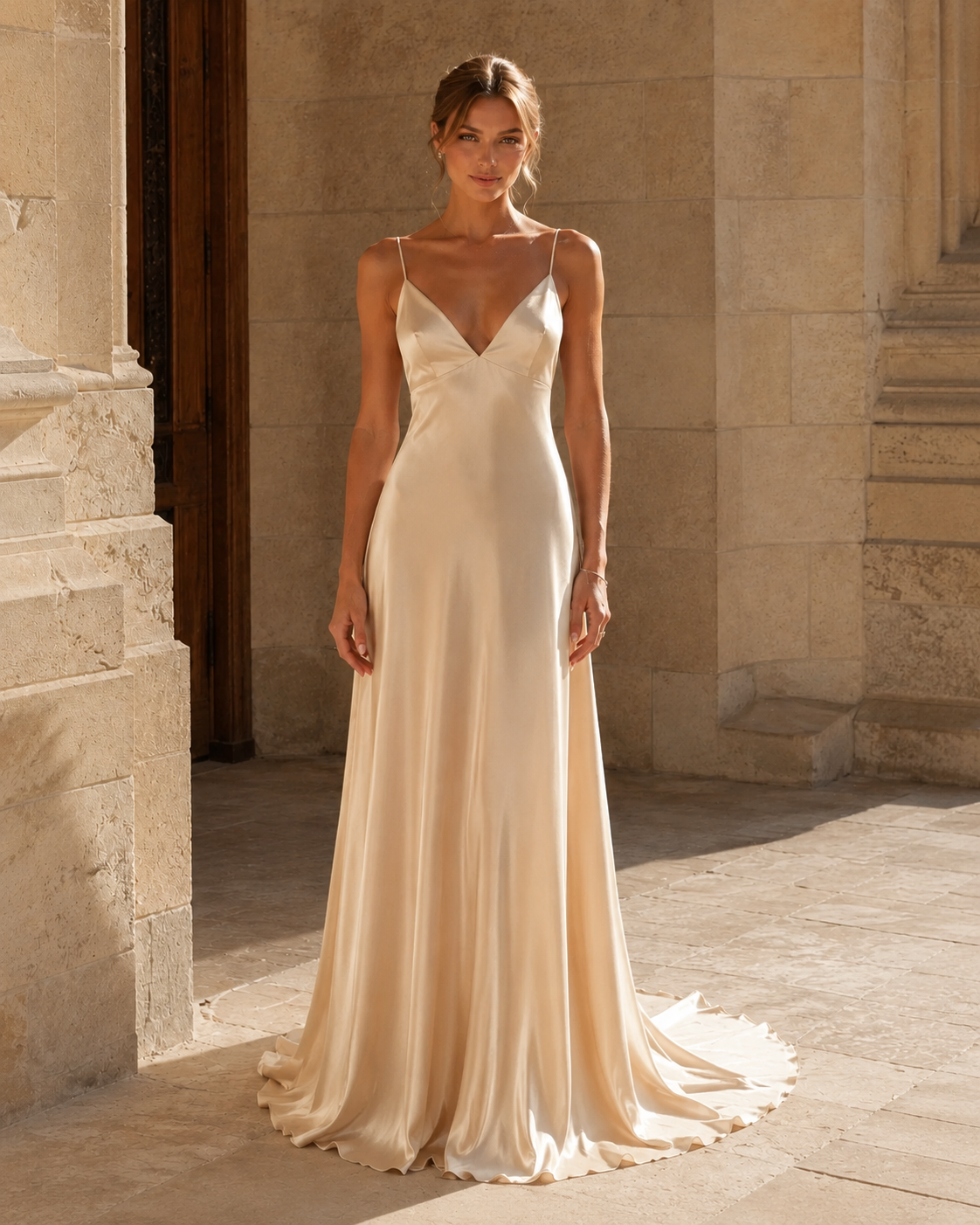 Champagne satin-look slip maxi dress with deep V neckline
