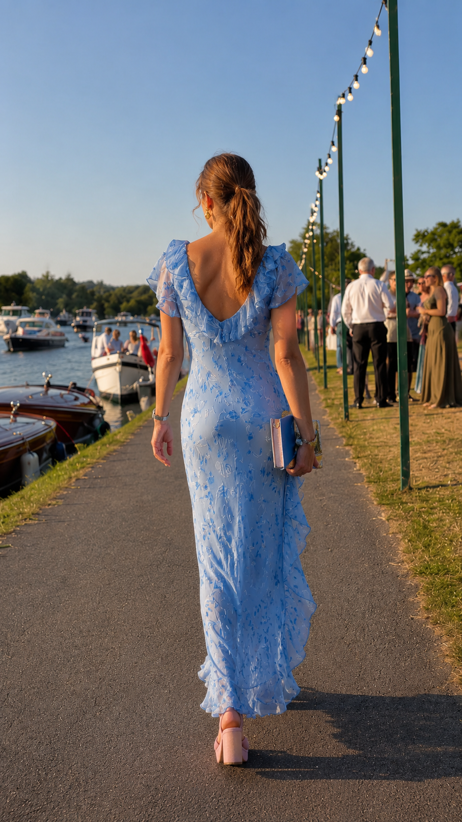 Back view of sky blue maxi dress with low V-back and flutter sleeves