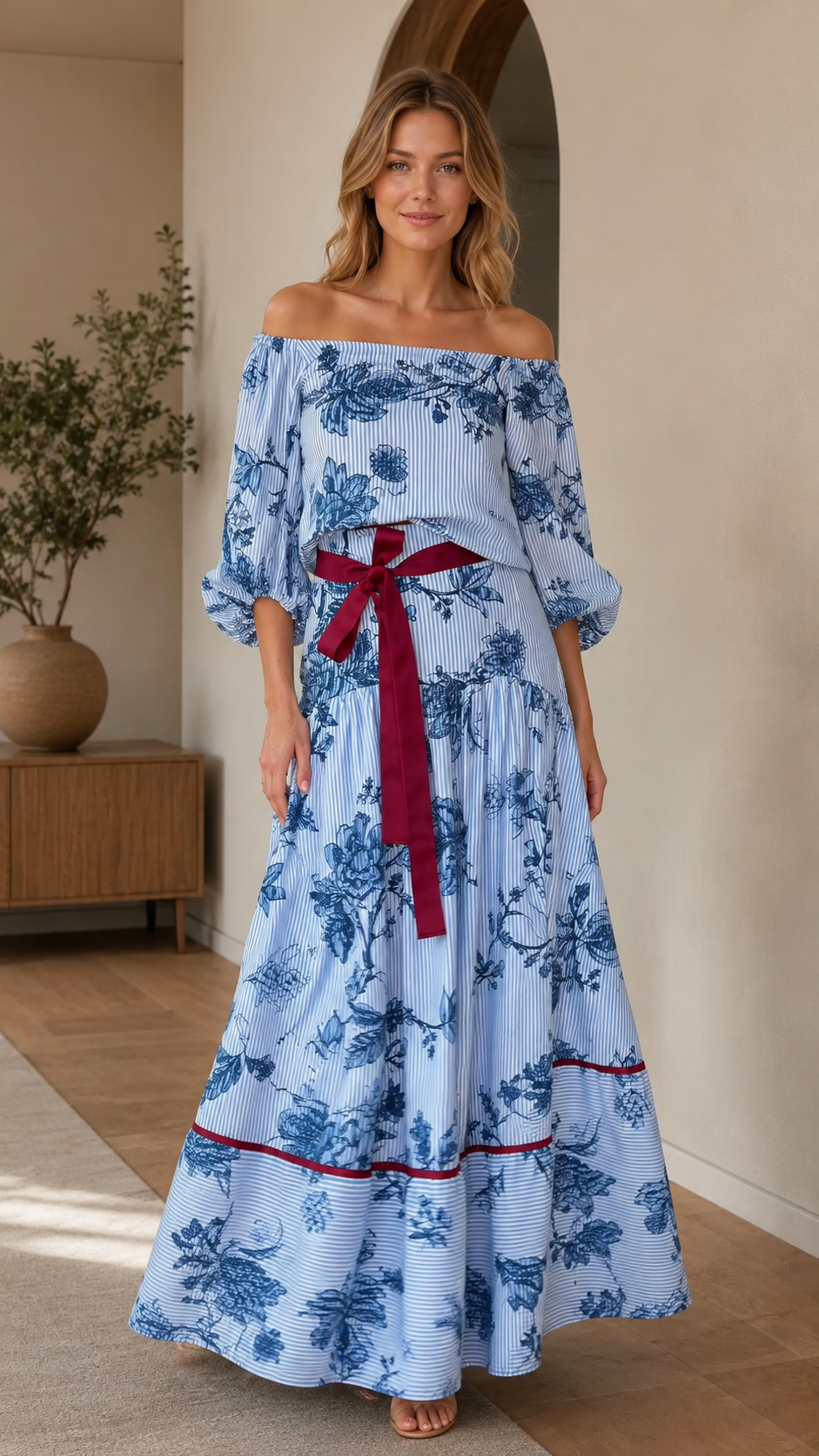 Sky blue floral off-shoulder maxi dress with full skirt front view