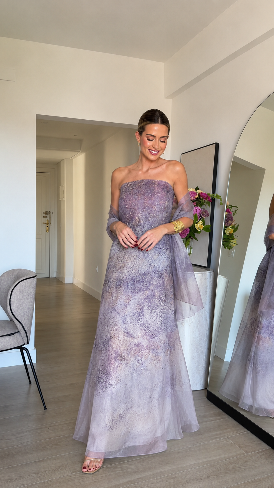 Lavender strapless maxi evening dress with textured print and sheer shawl