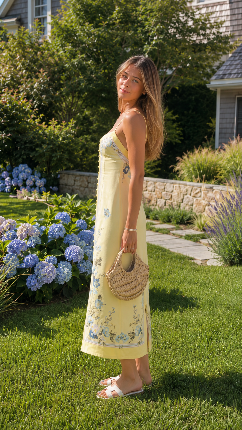 Butter yellow floral midi dress side view with woven bag