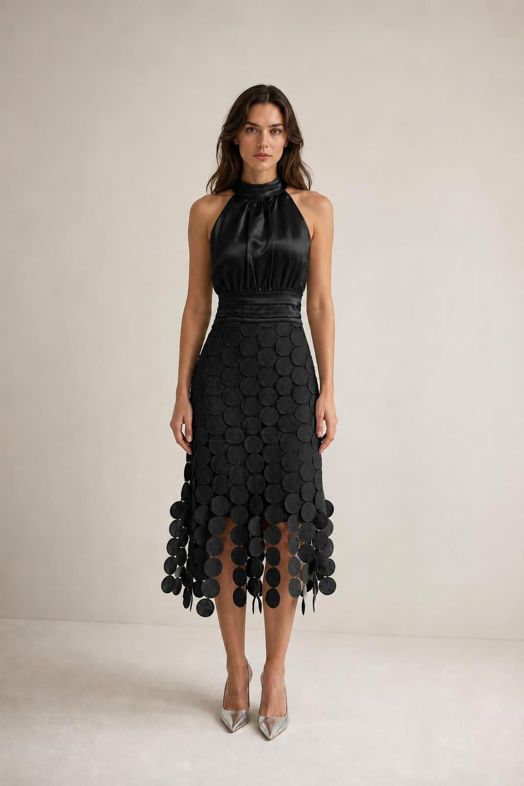 Front view of black satin halter neck midi dress