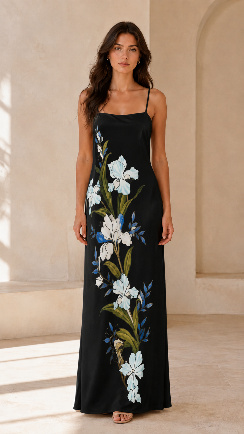 Front view of black floral print slip maxi dress