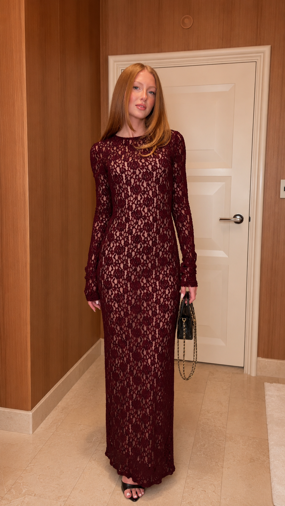 Burgundy long sleeve lace maxi dress in fitted silhouette