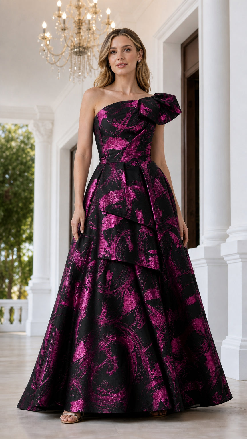 Front view of fuchsia metallic evening dress