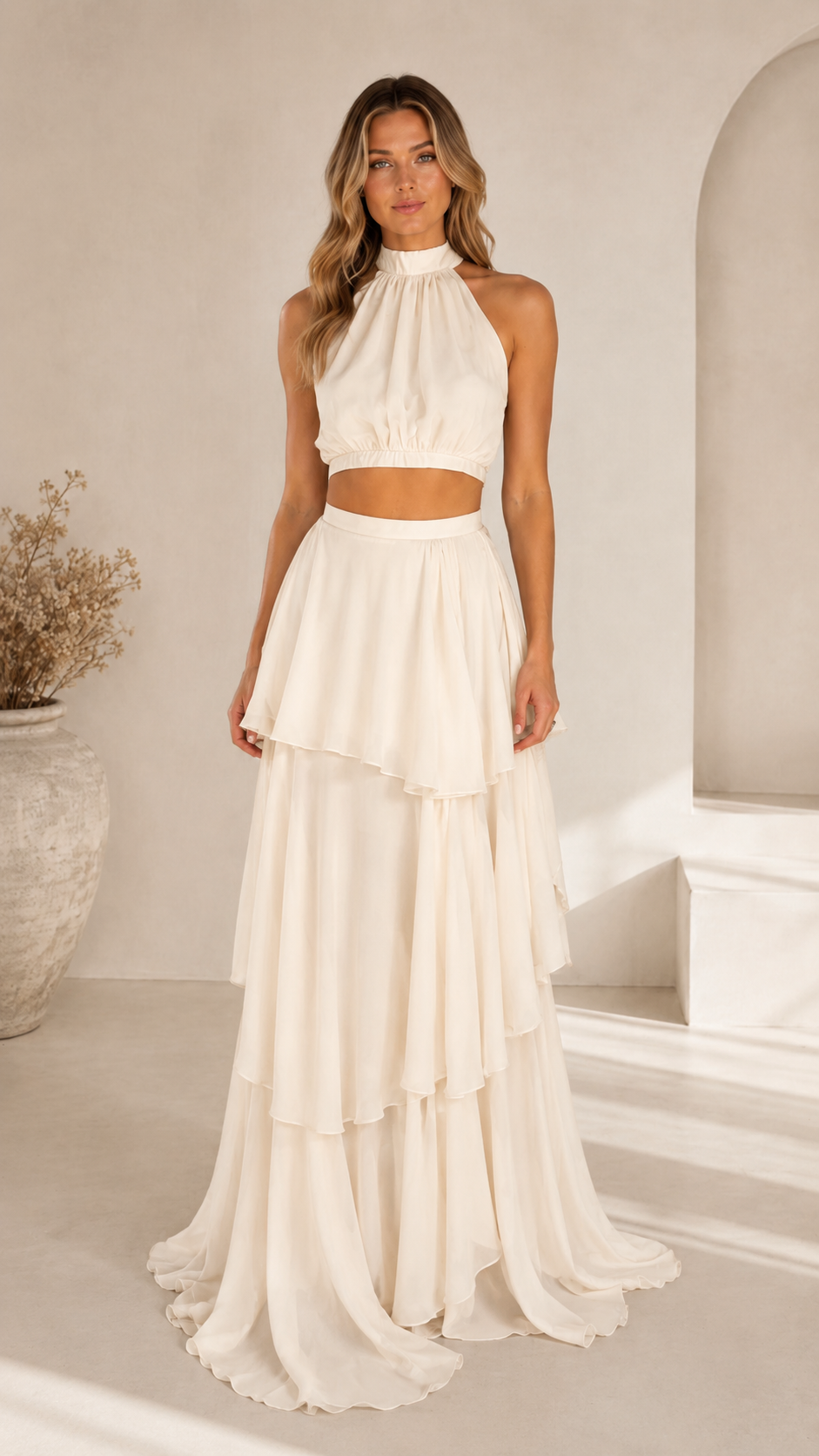 Front view of ivory halter crop top and flowing tiered maxi skirt set