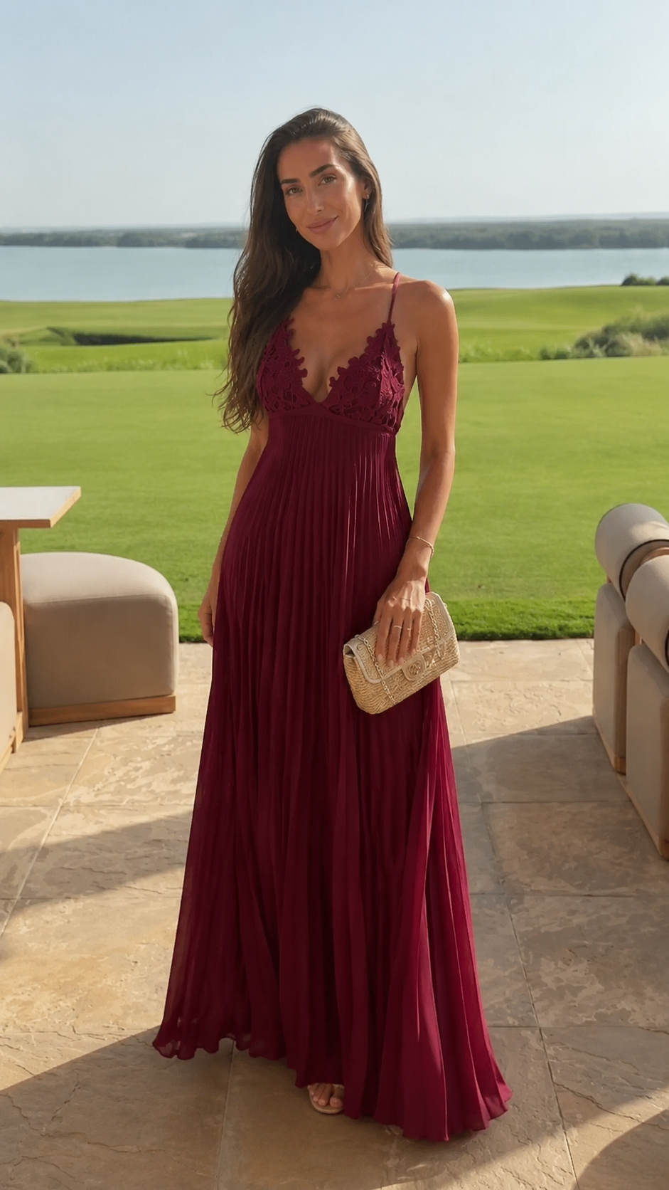 Front view of burgundy lace bodice pleated maxi dress
