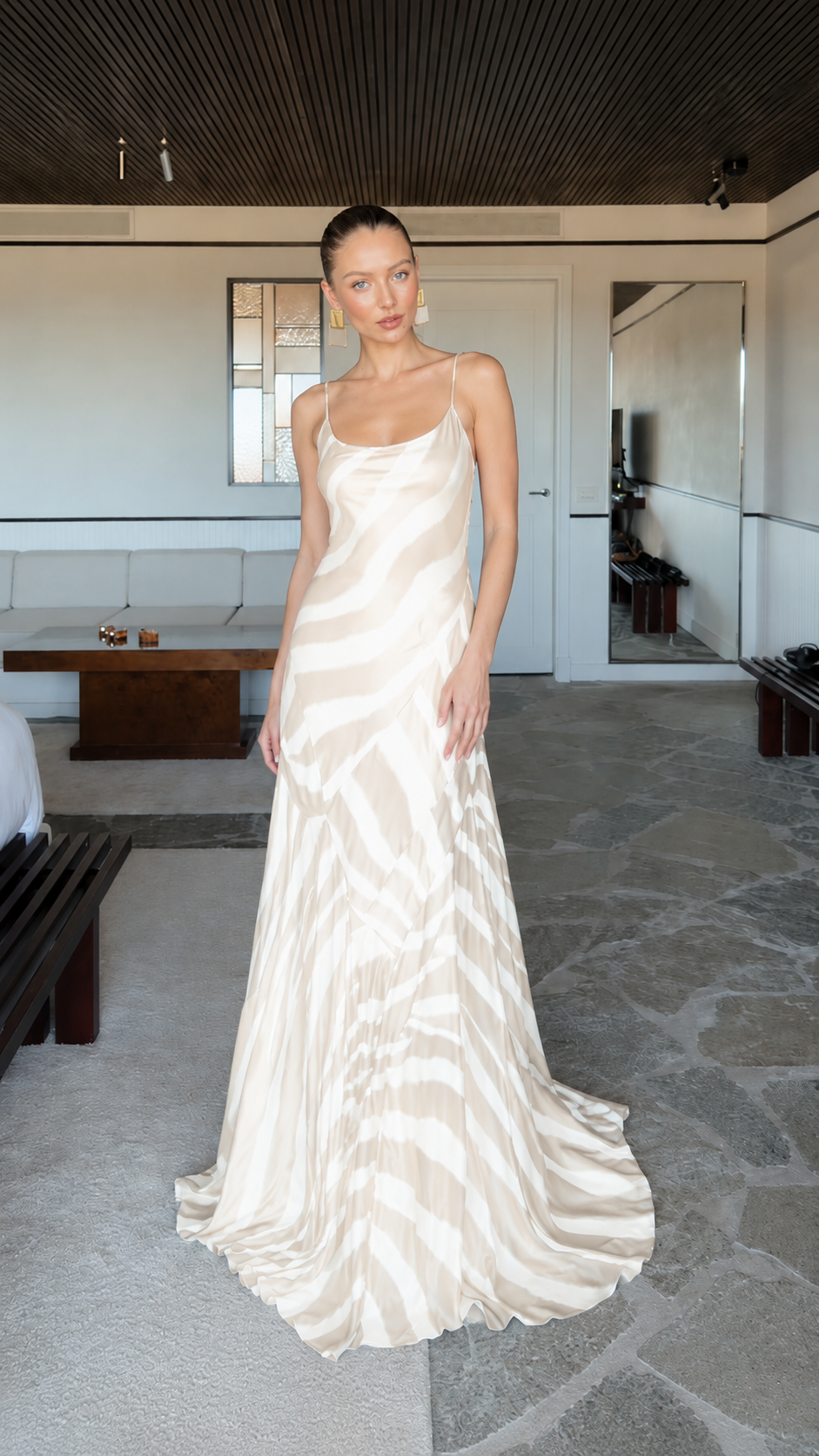 Front view of ivory zebra print satin-look slip maxi dress