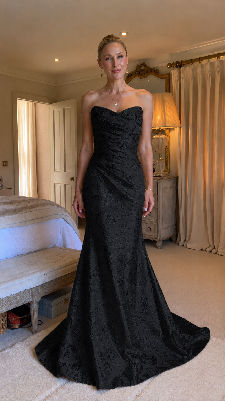Front view of black strapless sweetheart mermaid evening gown