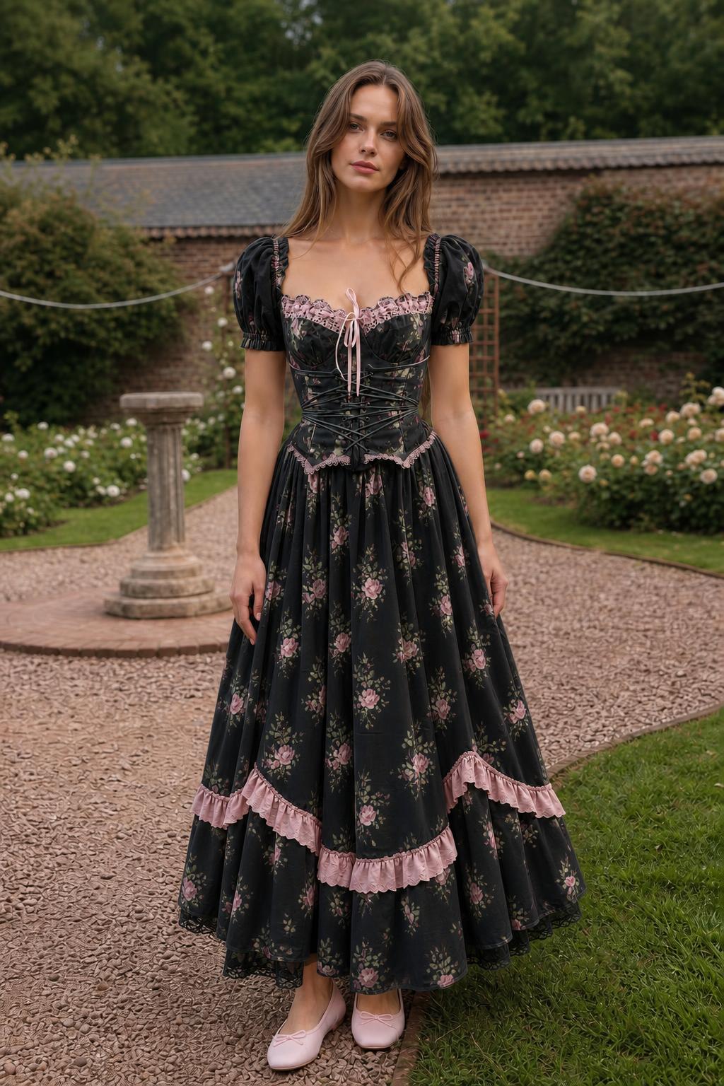 Full-length front view of black floral corset maxi dress