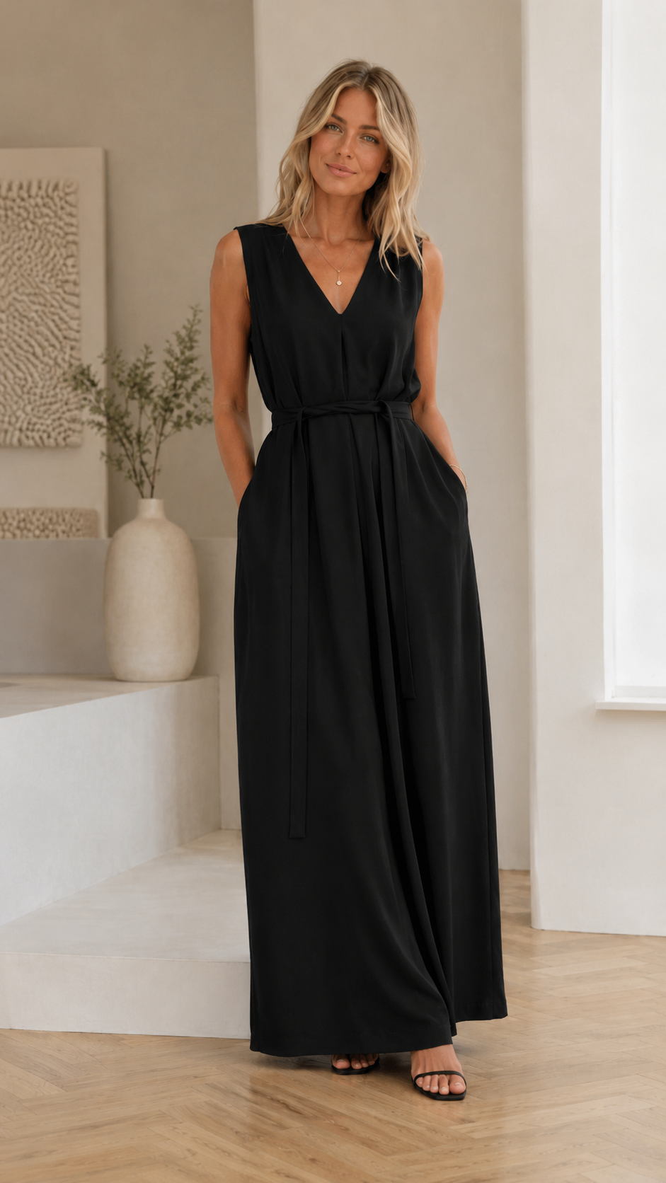 Full-length front view of black maxi dress with pockets and self-tie belt