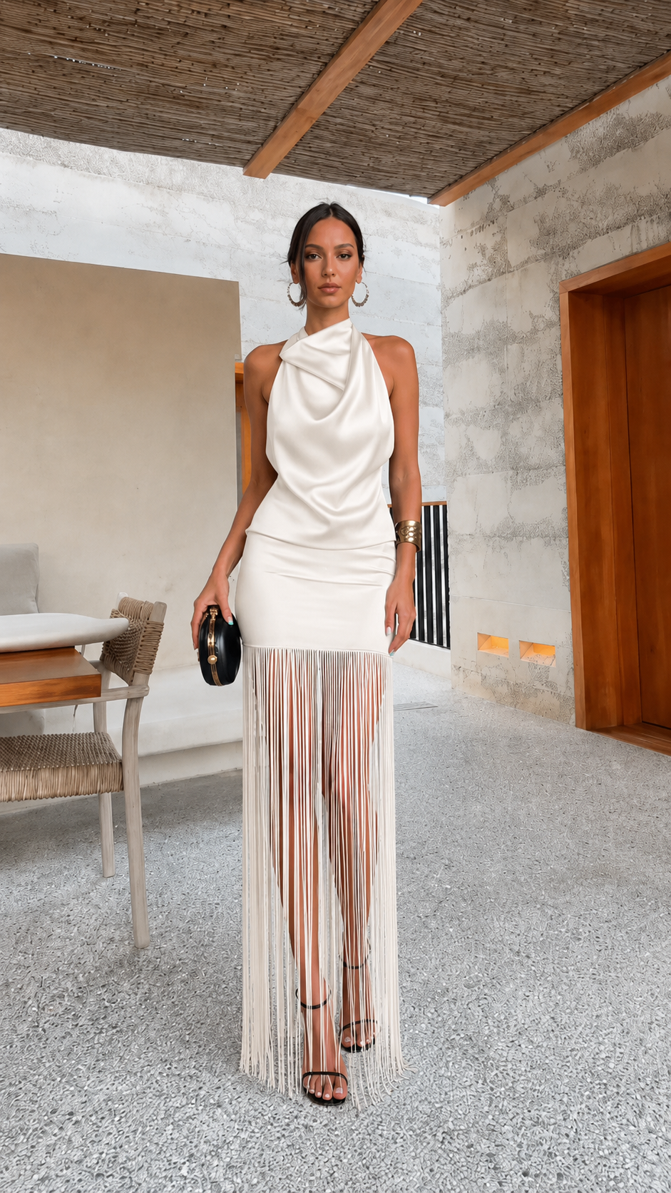 Ivory satin-look halter maxi dress with draped neckline and long fringe hem