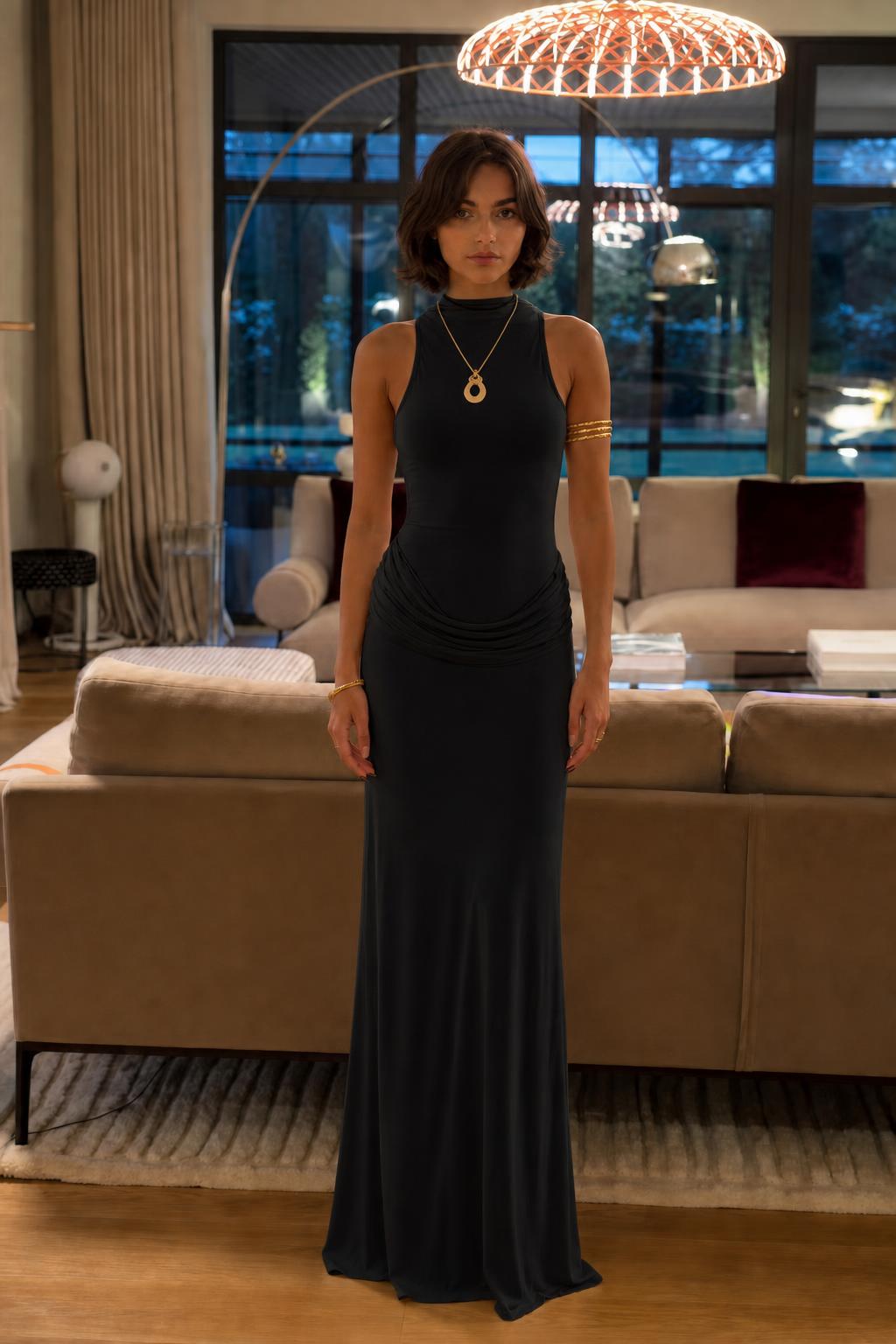 Front view of Black high-neck maxi dress