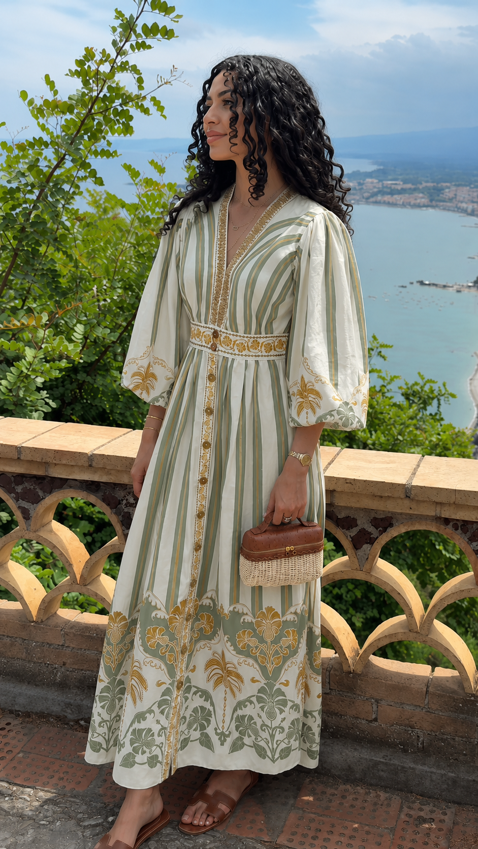 Front view of sage green bohemian print V-neck maxi dress with puff sleeves