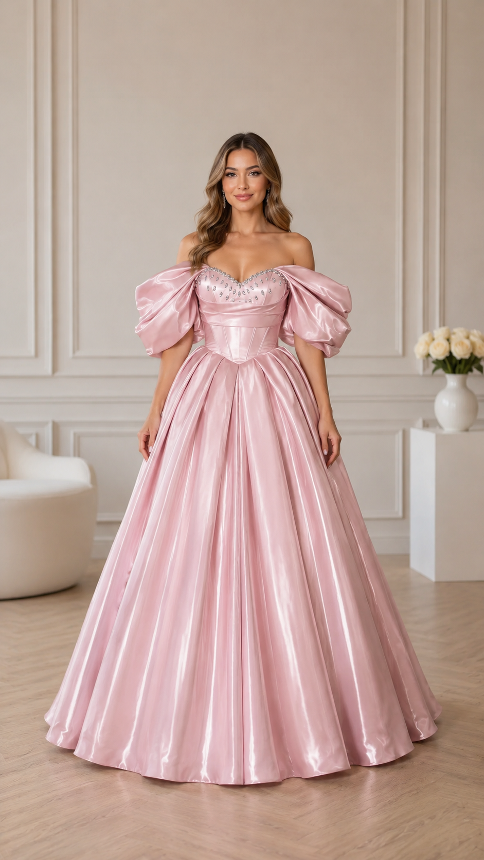 Front view of blush pink satin-look ball gown with dramatic sleeves