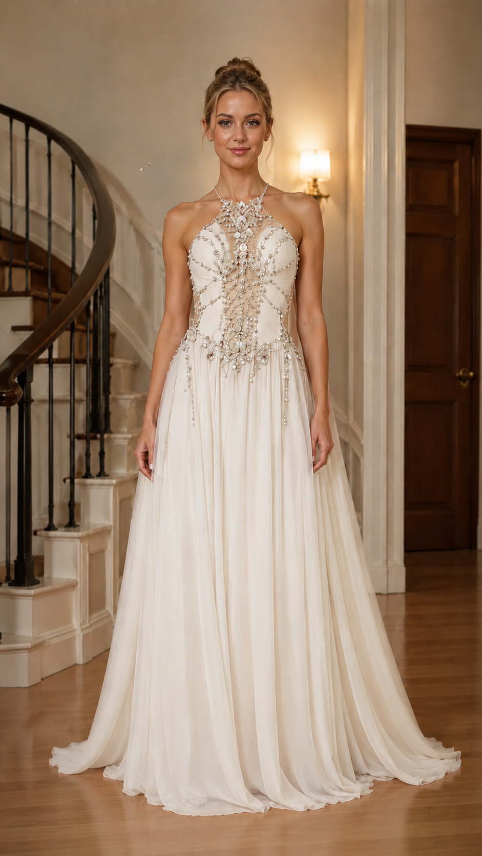 Ivory embellished halter formal gown with flowing floor-length silhouette