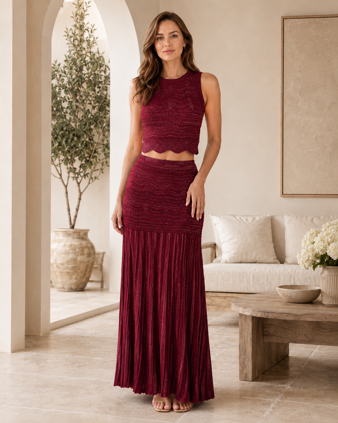Burgundy sleeveless textured crop top and pleated maxi skirt matching set front view