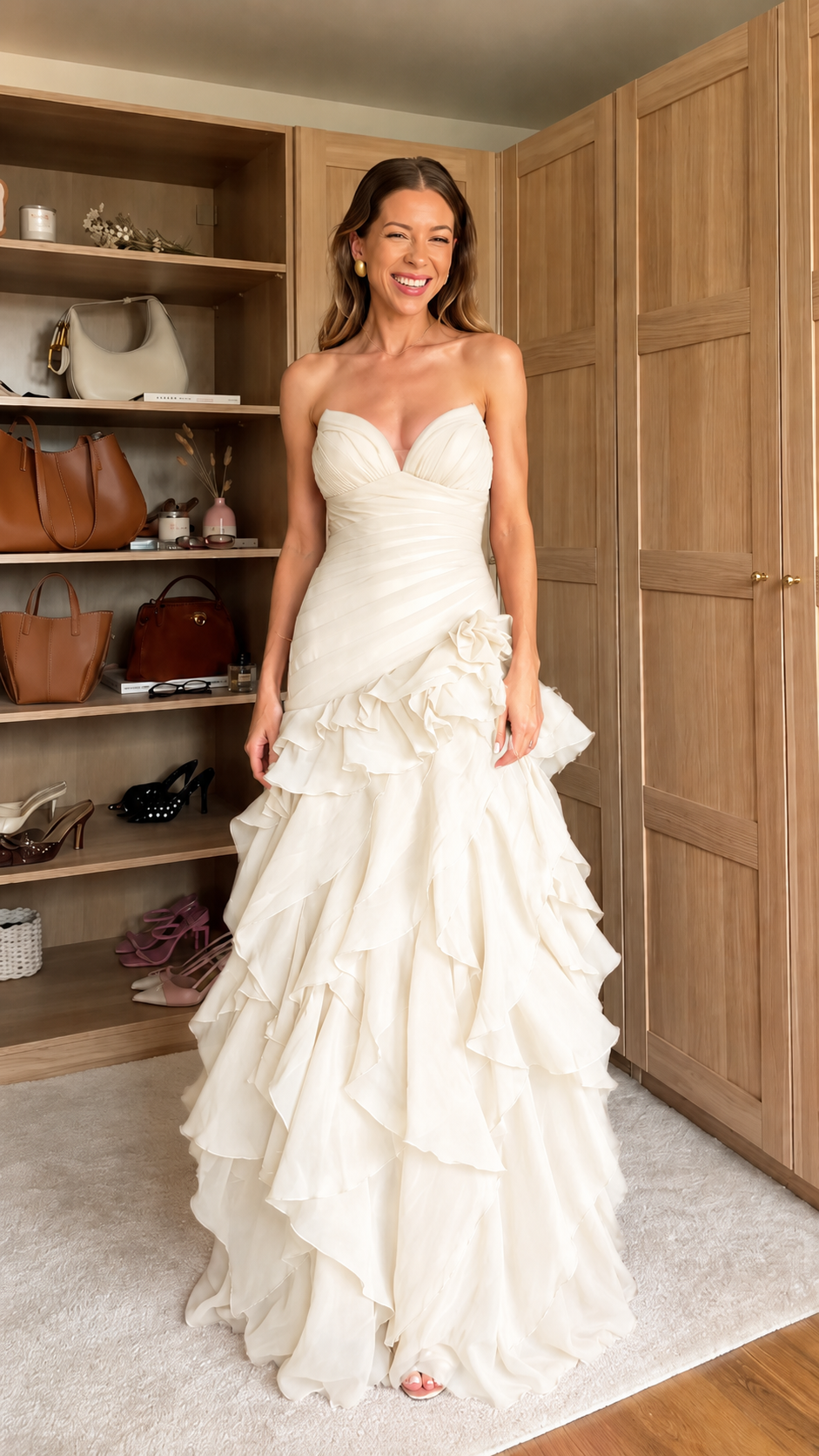 Front view of ivory strapless sweetheart ruffle tiered maxi gown